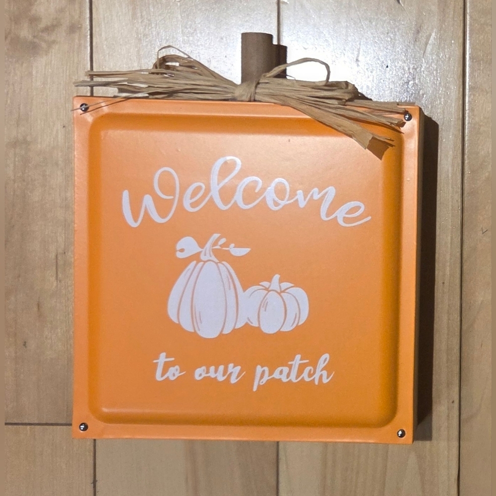 NEW 'Welcome to Our Patch' Orange Tabletop Metal & Wood Sign (6.25" x 6.25")